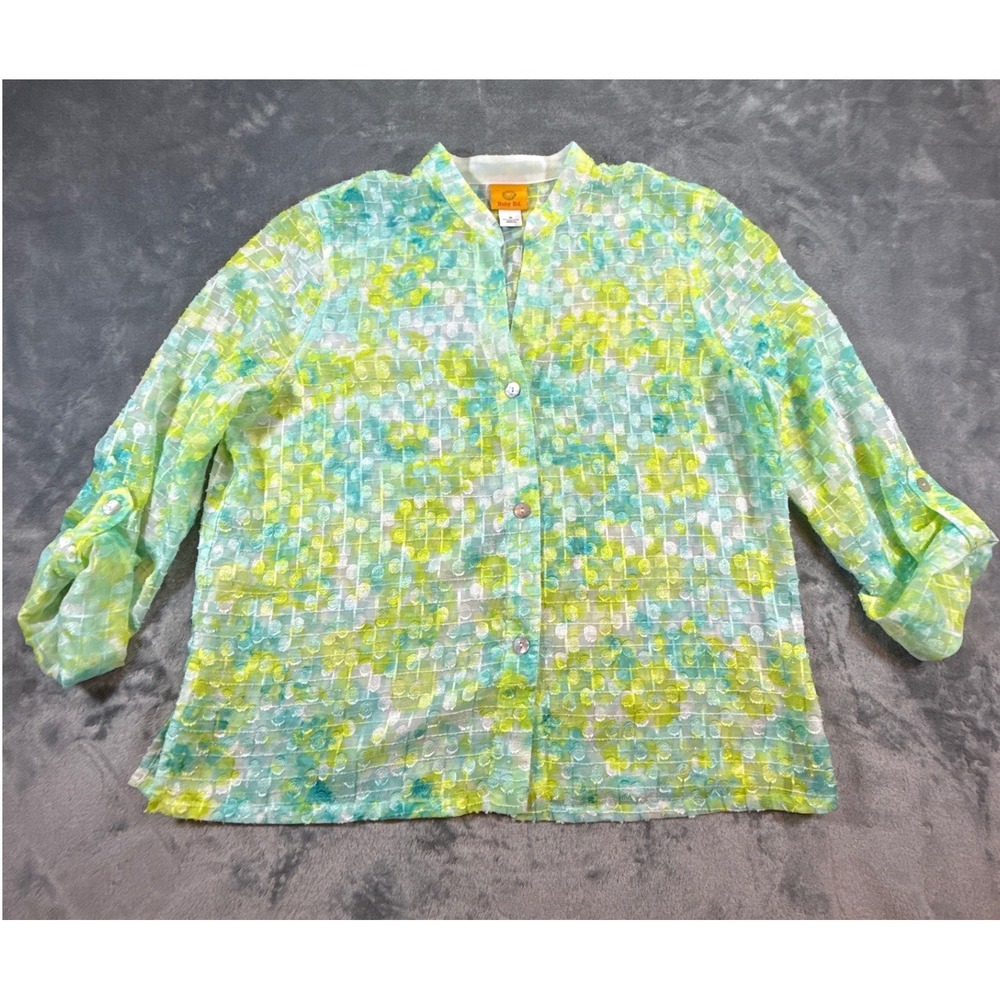 Ruby Rd Womens 16 Blouse Green Blue Floral Grid Sheer Roll Tab Sleeve Button Up